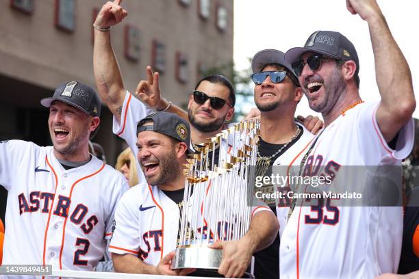 Jose Altuve, Alex Bregman, Justin Verlander, Yuli Gurriel and Lance McCullers Jr. #43 of the Houston Astros participate in the World Series Parade on...