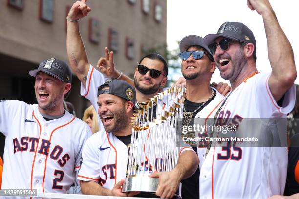Jose Altuve, Alex Bregman, Justin Verlander, Yuli Gurriel and Lance McCullers Jr. #43 of the Houston Astros participate in the World Series Parade on...