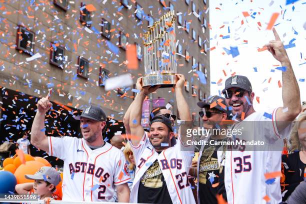 Jose Altuve, Alex Bregman, Justin Verlander, Yuli Gurriel and Lance McCullers Jr. #43 of the Houston Astros participate in the World Series Parade on...