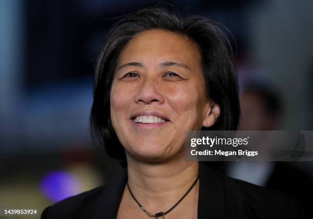 General manager Kim Ng of the Miami Marlins speaks to the media after the introductory press conference for new manager Skip Schumaker at loanDepot...