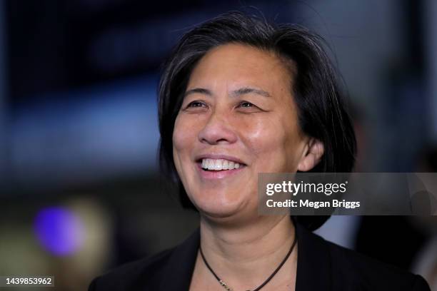 General manager Kim Ng of the Miami Marlins speaks to the media after the introductory press conference for new manager Skip Schumaker at loanDepot...