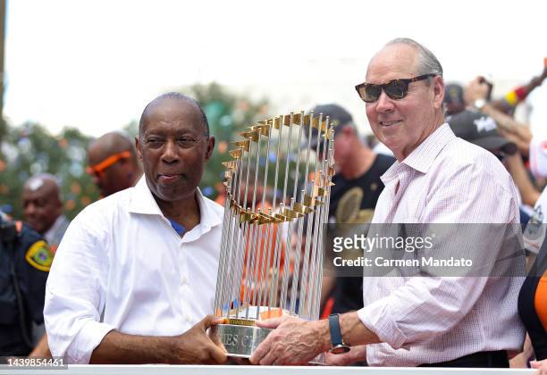 Houston Maylor Sylvester Turner and Jim Crane participates in the World Series Parade on November 07, 2022 in Houston, Texas.