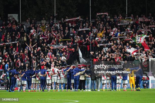 Rayo Vallecano players celebrate with and show appreciation to fans following victory in the LaLiga Santander match between Rayo Vallecano and Real...