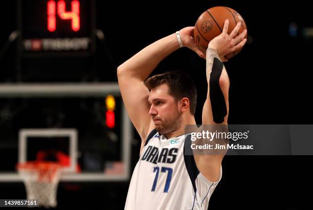 Luka Doncic of the Dallas Mavericks in action against the Brooklyn Nets at Barclays Center on October 27, 2022 in New York City. The Mavericks...