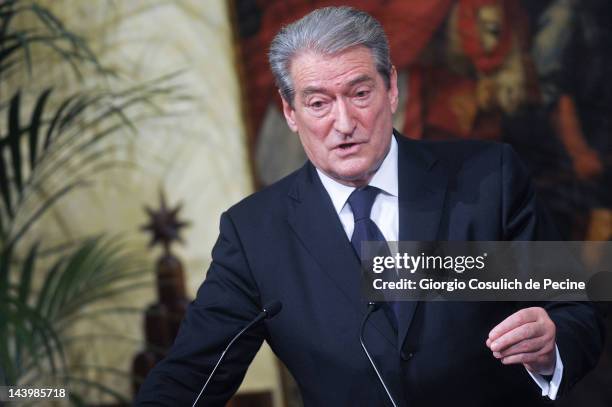 Albanian Prime Minister Sali Berisha speaks during a press conference with Italian Prime Minister Mario Monti at Palazzo Chigi on May 7, 2012 in...