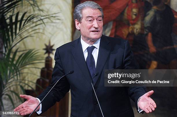 Albanian Prime Minister Sali Berisha speaks during a press conference with Italian Prime Minister Mario Monti at Palazzo Chigi on May 7, 2012 in...