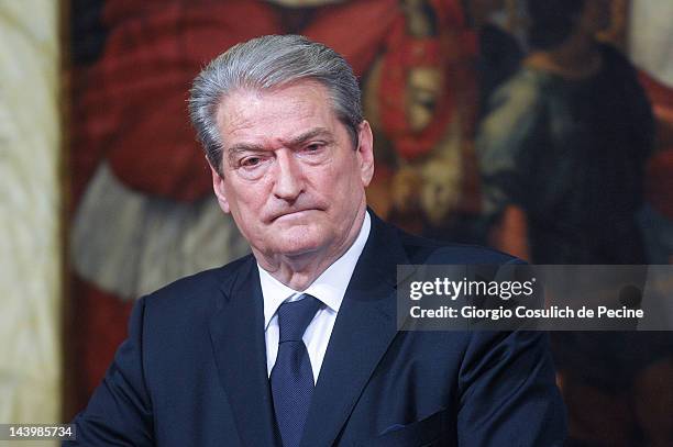 Albanian Prime Minister Sali Berisha attends a press conference with Italian Prime Minister Mario Monti at Palazzo Chigi on May 7, 2012 in Rome,...