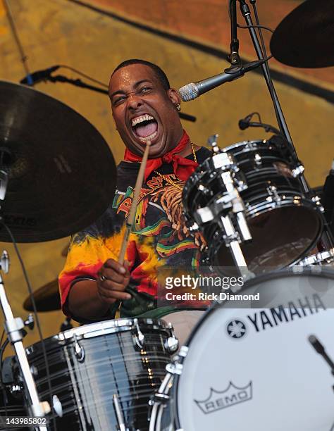 Russell Batiste Jr. Of The Funky Meters performs during the 2012 New Orleans Jazz & Heritage Festival Day 7 at the Fair Grounds Race Course on May 6,...