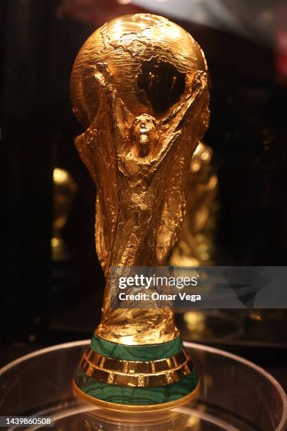 The World Cup Trophy is diplayed during the FIFA World Cup Trophy Tour at Lighthouse Artspace on November 7, 2022 in Dallas, Texas.