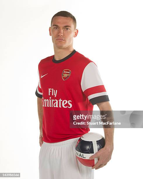 Thomas Vermaelen poses during a photoshoot for the new Arsenal home kit for season 2012/13 at London Colney on April 5, 2012 in St Albans, England.