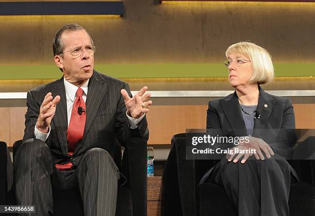 Admiral Michael G. Mullen and Senator Patty Murray speak at the Robin Hood Veterans Summit at Intrepid Sea-Air-Space Museum on May 7, 2012 in New...