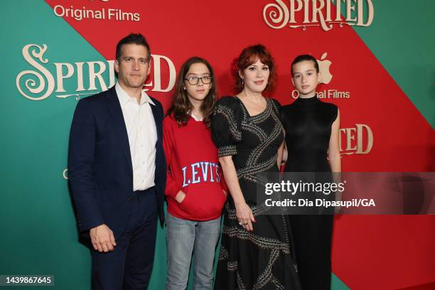 Panio Gianopoulos, Roman Stylianos Gianopoulos, Molly Ringwald and Adele Georgiana Gianopoulos attend Apple Original Film's "Spirited" New York Red...