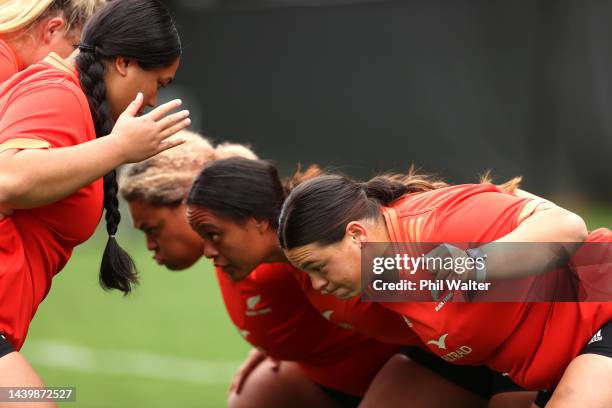 Awhina Tangen-Wainohu of the Black ferns prtactices the scrum New Zealand Black Ferns Training Session at Gribblehirst Park on November 08, 2022 in...