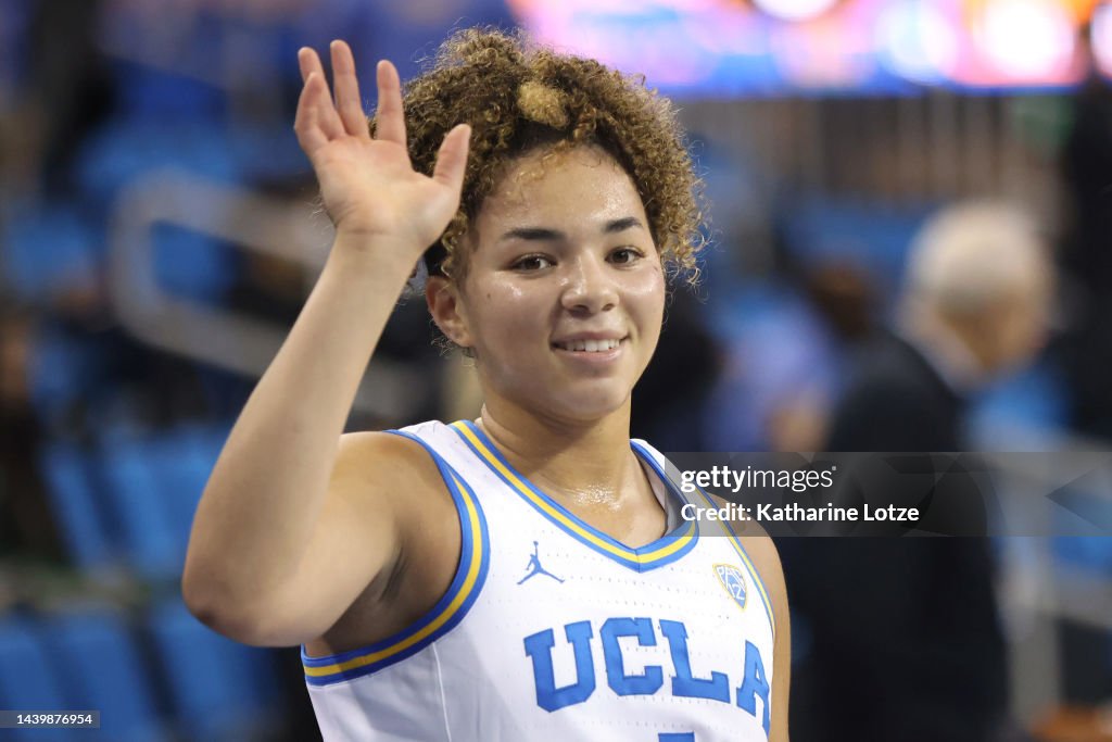 Akili Rice Kiki Rice of the UCLA Bruins looks on during warm ups ahead of a game ...