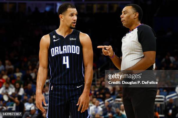 Jalen Suggs of the Orlando Magic reacts against the Houston Rockets during the second quarter at Amway Center on November 07, 2022 in Orlando,...