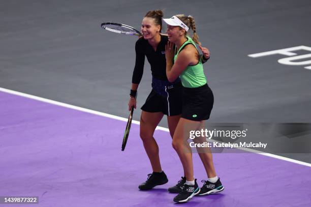 Elise Mertens of Belgium and Veronika Kudermetova of Russia celebrate after defeating Katerina Siniakova and Barbora Krejcikova of the Czech Republic...