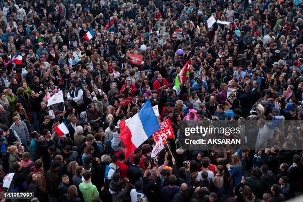 French citizens celebrate after Francois Hollande wins the French Presidential Elections on Place du Capitole on May 6, 2012 in Toulouse, France.