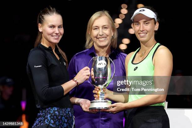 Elise Mertens of Belgium, former tennis player Martina Navratilova and Veronika Kudermetova of Russia pose with the Martina Navratilova Trophy after...