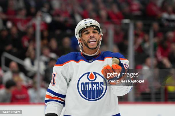 Evander Kane of the Edmonton Oilers reacts against the Washington Capitals during the first period of the game at Capital One Arena on November 07,...