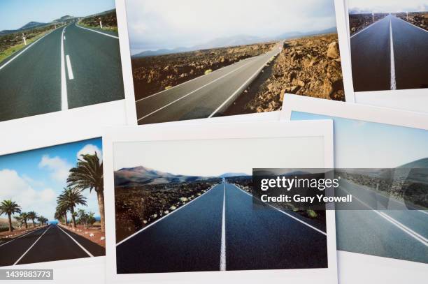 collection of instant travel holiday photos of roads in lanzarote on a table - photo collage imagens e fotografias de stock