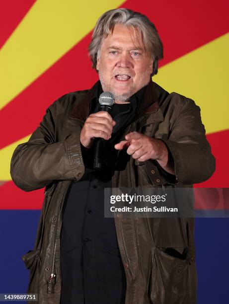 Steve Bannon speaks during a get out the vote campaign rally on November 07, 2022 in Prescott, Arizona. With 1 day to go until election day, Kari...