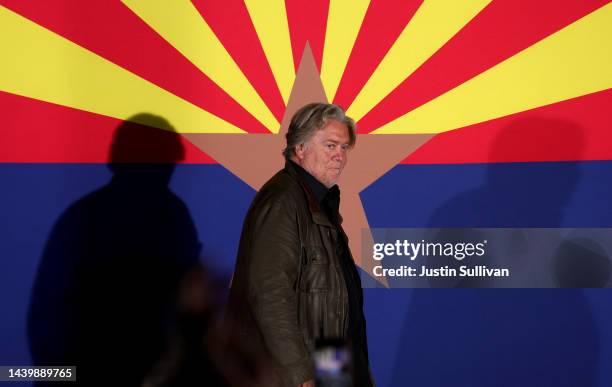 Steve Bannon prepares to speak during a get out the vote campaign rally on November 07, 2022 in Prescott, Arizona. With 1 day to go until election...