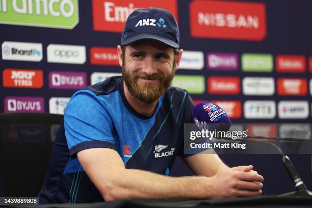 New Zealand captain Kane Williamson speaks to the media during a New Zealand Press Conference at Sydney Cricket Ground on November 08, 2022 in...