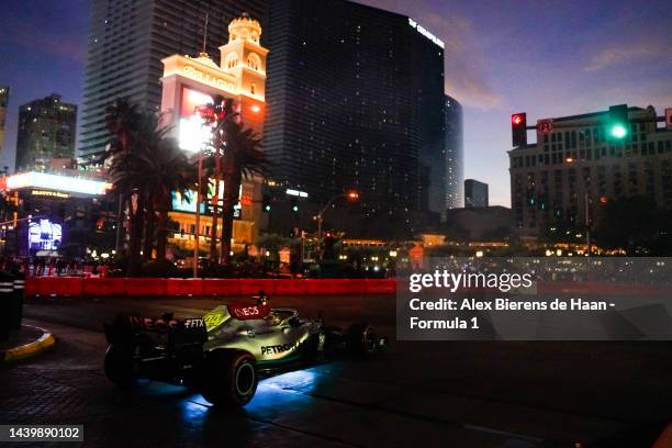 Lewis Hamilton of Great Britain and Mercedes driving on track during the Formula 1 Las Vegas Grand Prix 2023 launch party on November 05, 2022 on the...