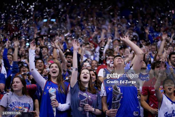 Fans cheer as the Kansas Jayhawks are introduced before a game against the Omaha Mavericks in the first half of the game at Allen Fieldhouse on...