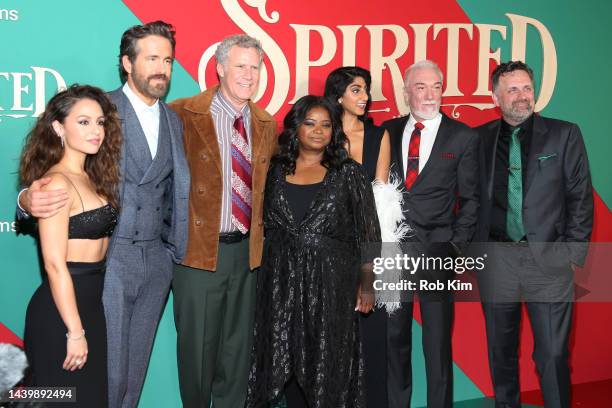 Aimee Carrero, Ryan Reynolds, Will Ferrell, Octavia Spencer, Patrick Page and Sean Anders attend Apple Original Film's "Spirited" New York Premiereat...