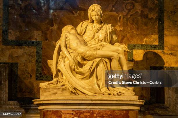 Michelangelo's sculpture of Pieta sculpted when he was only 25yrs in Rome's St Peter's Basilica on August 12, 2022 in Rome, Italy.