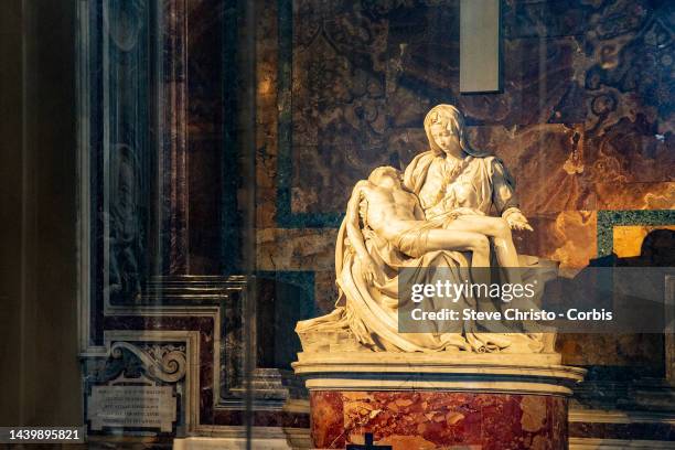 Michelangelo's sculpture of Pieta sculpted when he was only 25yrs in Rome's St Peter's Basilica on August 12, 2022 in Rome, Italy.