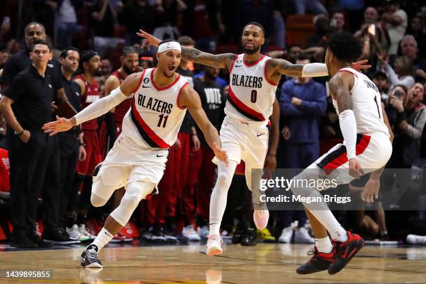 Josh Hart of the Portland Trail Blazers celebrates after hitting the game winning shot against the Miami Heat during the fourth quarter at FTX Arena...