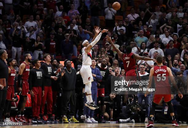 Josh Hart of the Portland Trail Blazers makes the game winning basket over Kyle Lowry of the Miami Heat during the fourth quarter at FTX Arena on...