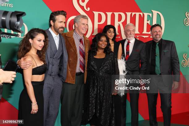 Aimee Carrero, Ryan Reynolds, Will Ferrell, Octavia Spencer, Patrick Page and Sean Anders attend Apple Original Film's "Spirited" New York Premiere...