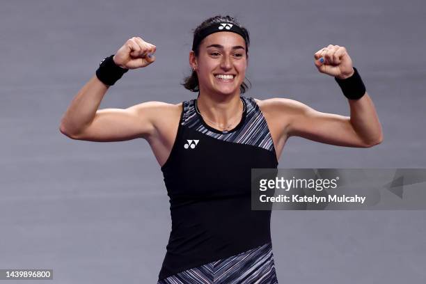 Caroline Garcia of France celebrates after defeating Aryna Sabalenka of Belarus in their Women's Singles Final match during the 2022 WTA Finals, part...
