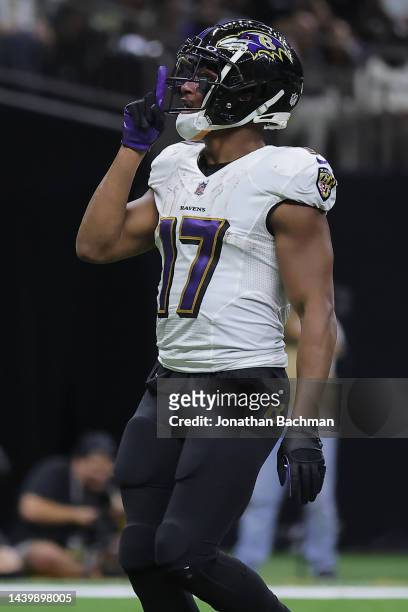 Kenyan Drake of the Baltimore Ravens celebrates after scoring a touchdown during the second quarter against the New Orleans Saints at Caesars...