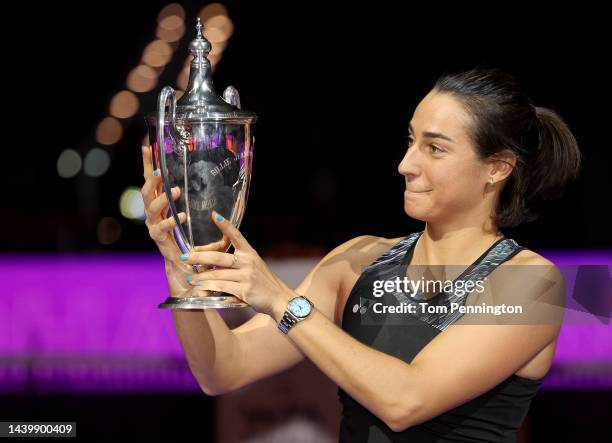 Caroline Garcia of France celebrates with the Billie Jean King Trophy after defeating Aryna Sabalenka of Belarus in their Women's Singles Final match...