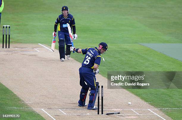 Michael Thornely of the Unicorns is bowled by Chaminda Vaas during the Clydesdale Bank Pro40 match between Northamptonshire and Unicorns at The...