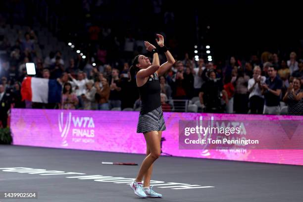 Caroline Garcia of France celebrates after defeating Aryna Sabalenka of Belarus in their Women's Singles Final match during the 2022 WTA Finals, part...