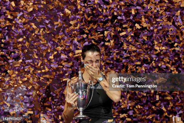 Caroline Garcia of France celebrates with the Billie Jean King Trophy after defeating Aryna Sabalenka of Belarus in their Women's Singles Final match...