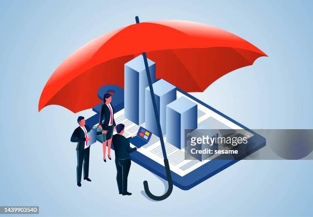 ilustrações de stock, clip art, desenhos animados e ícones de protection and insurance for investment or wealth growth, security and protection of economic or personal income, information security and protection of data, businessmen standing under a large umbrella of protection to discuss - corretor de seguros