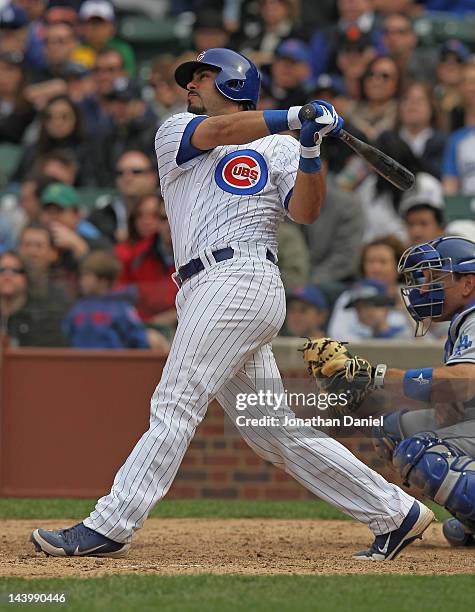 Geovany Soto of the Chicago Cubs bats against the Los Angeles Dodgers at Wrigley Field on May 4, 2012 in Chicago, Illinois. The Cubs defeated the...