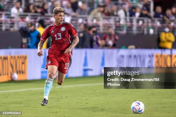 Jorge Carrascal of Colombia dribbles the ball during a game between Colombia and Mexico at Levi's Stadium on September 27, 2022 in Santa Clara,...
