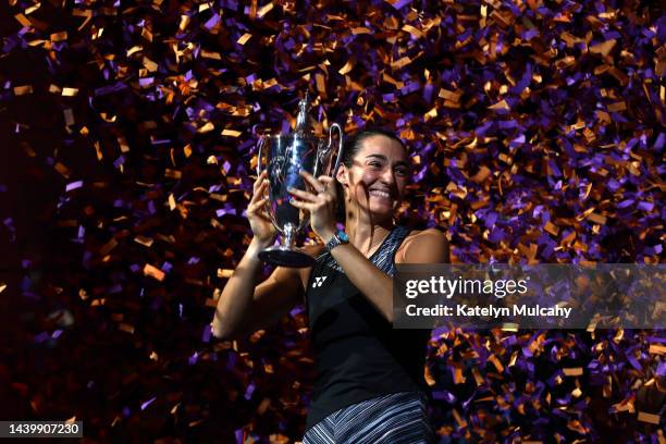 Caroline Garcia of France celebrates with the Billie Jean King Trophy after defeating Aryna Sabalenka of Belarus in their Women's Singles Final match...