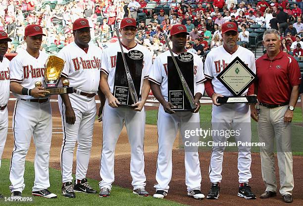 Gerardo Parra with Rawlings Gold Glove Award, batting coach Don Baylor, Daniel Hudson with National League Silver Slugger Award, Justin Upton with...