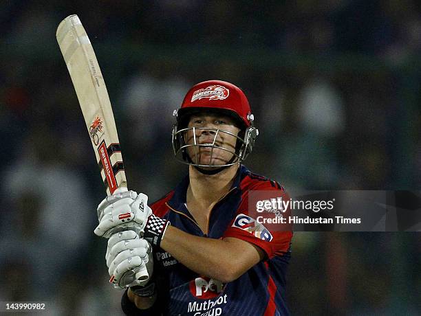 Delhi Daredevils batsman David Warner during the IPL 5 T20 cricket match played between two teams at Ferozshah Kotla ground on May 7, 2012 in New...