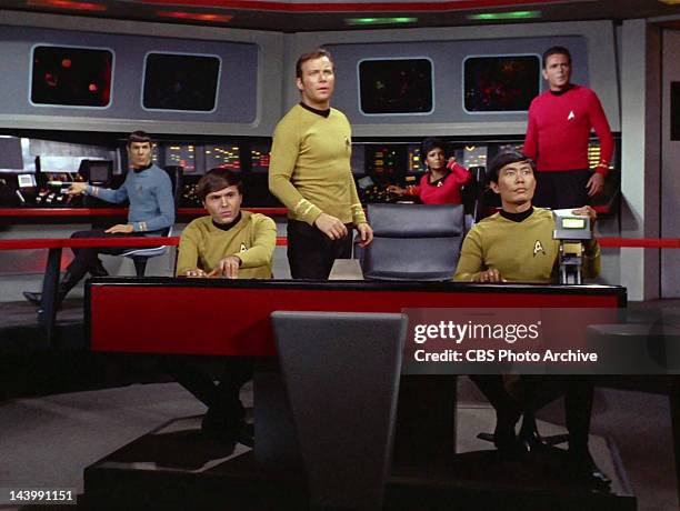 Leonard Nimoy as Mr. Spock, Walter Koenig as Pavel Chekov, William Shatner as Captain James T. Kirk, Nichelle Nichols as Uhura, George Takei as...