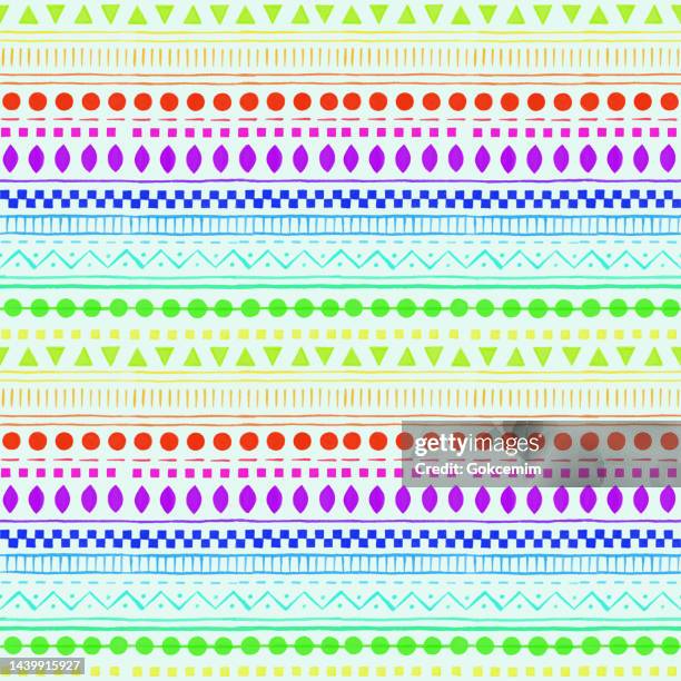 neon vibrant colored watercolor seamless tribal pattern. hand drawn stripes, triangles and circles pattern background. design element for greeting cards and labels, marketing, business card abstract background. - aztec stock illustrations