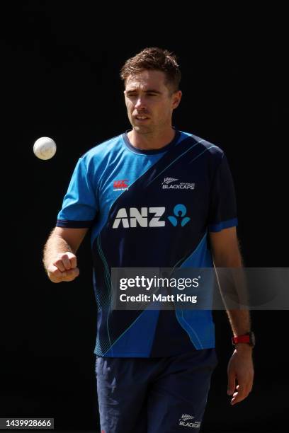 Tim Southee of New Zealand prepares to bowl during a New Zealand training session at Sydney Cricket Ground on November 08, 2022 in Sydney, Australia.